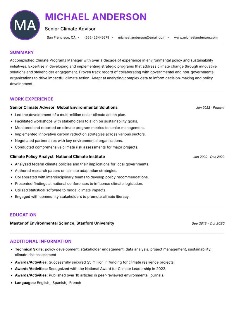 Climate Programs Manager resume example — ATS-friendly template