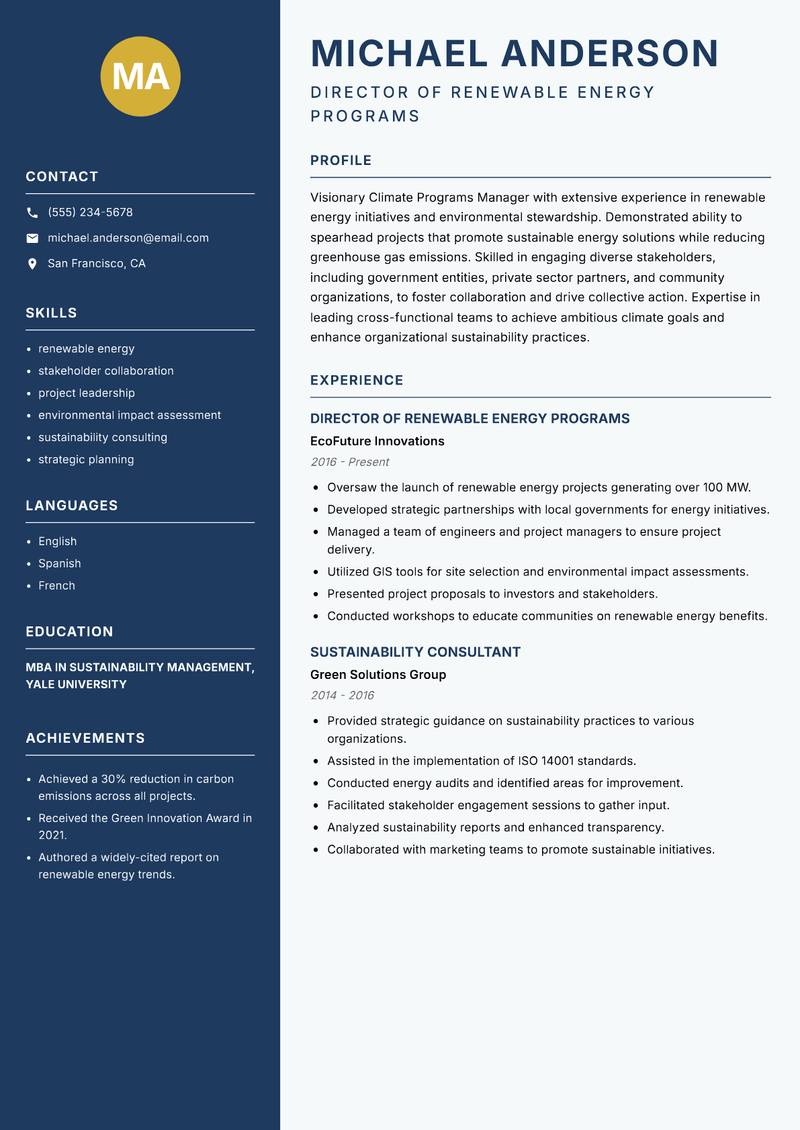 Climate Programs Manager resume template — Classic Clean