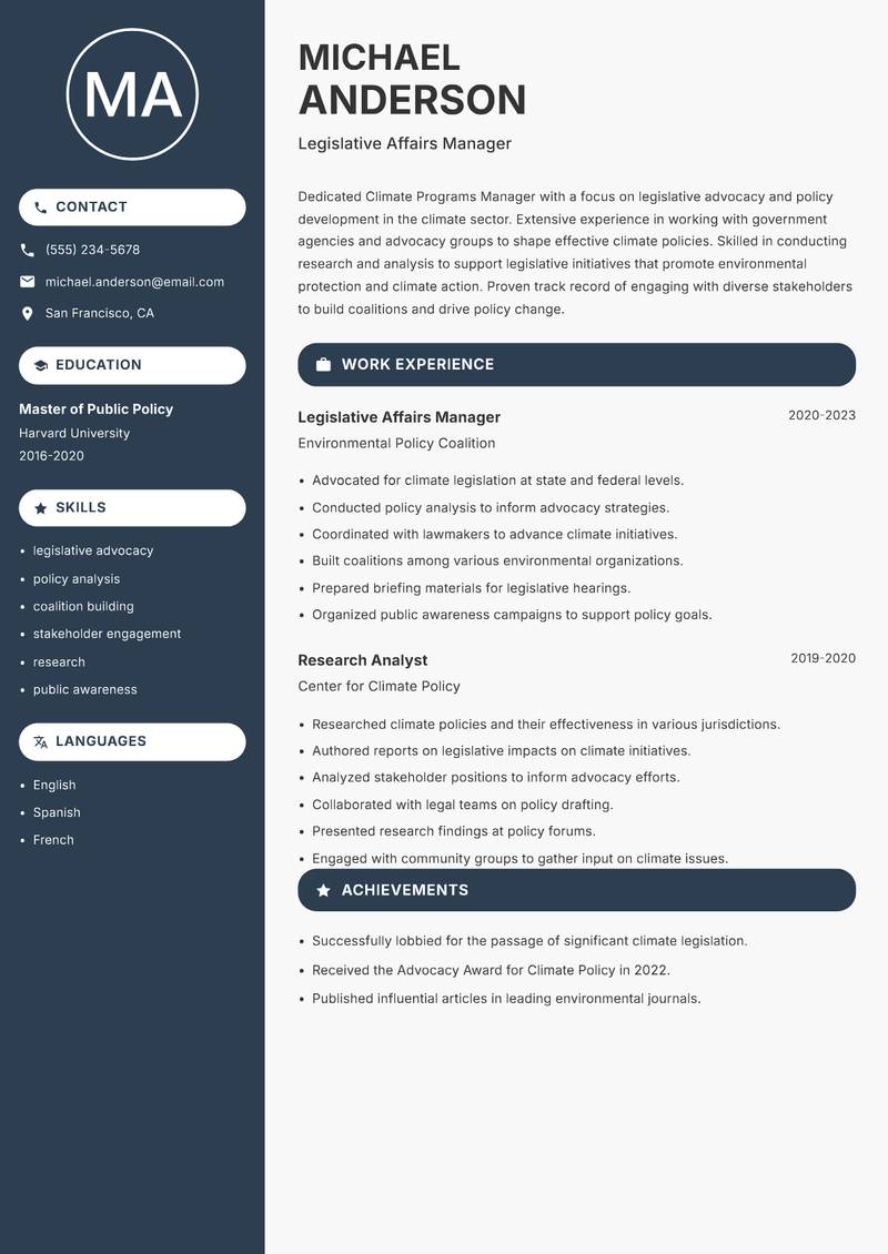 Climate Programs Manager resume template — Compact