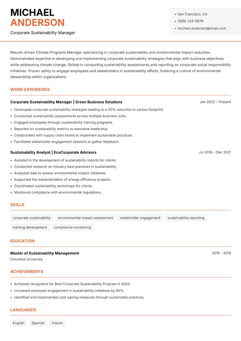 Climate Programs Manager resume template — Modern Professional