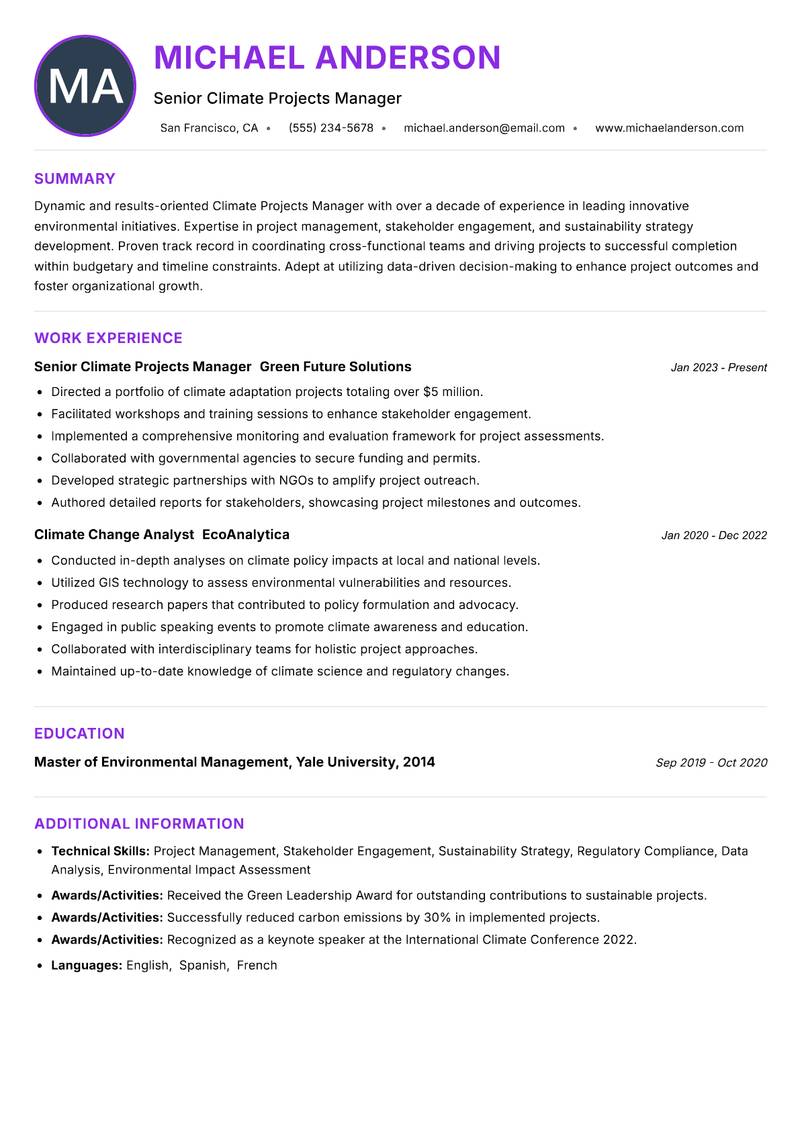 Climate Projects Manager resume example — ATS-friendly template