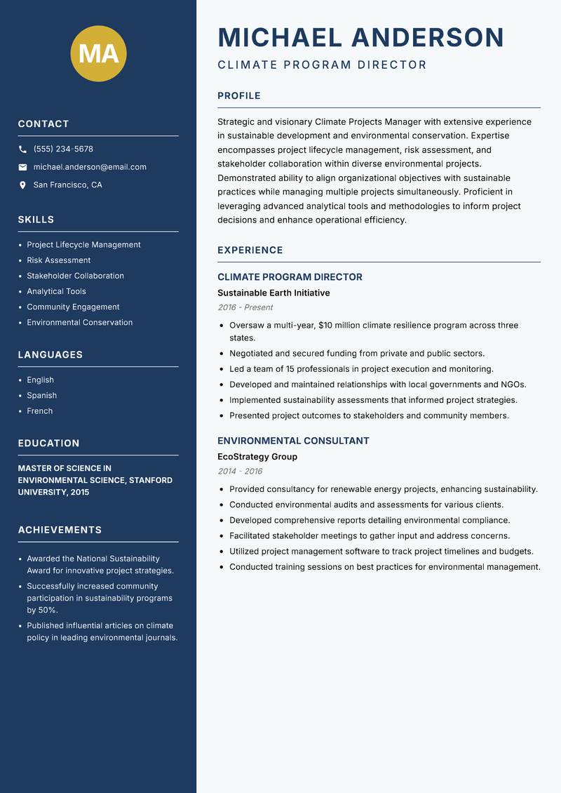 Climate Projects Manager resume template — Classic Clean