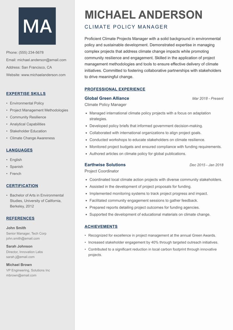 Climate Projects Manager resume template — Creative Minimal