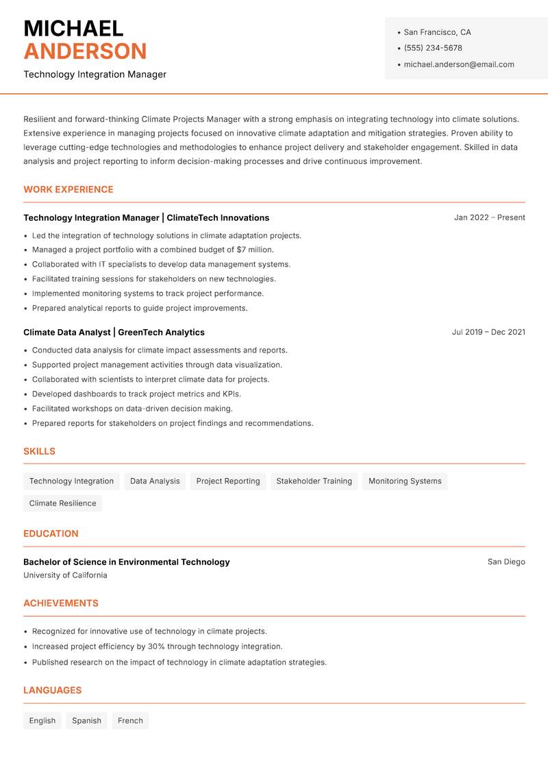 Climate Projects Manager resume template — Modern Professional
