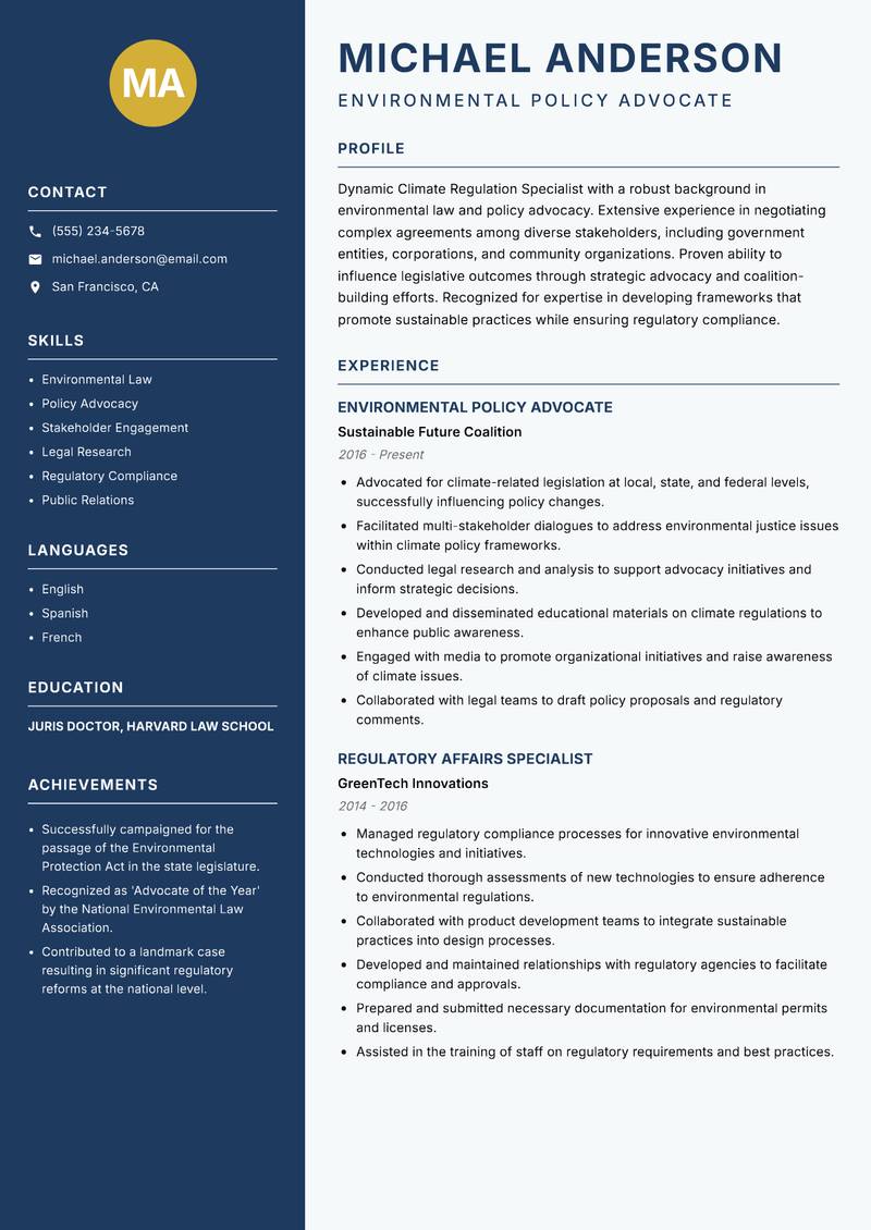 Climate Regulation Specialist resume template — Classic Clean