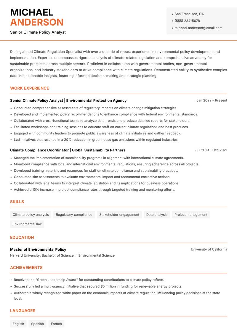 Climate Regulation Specialist resume template — Modern Professional