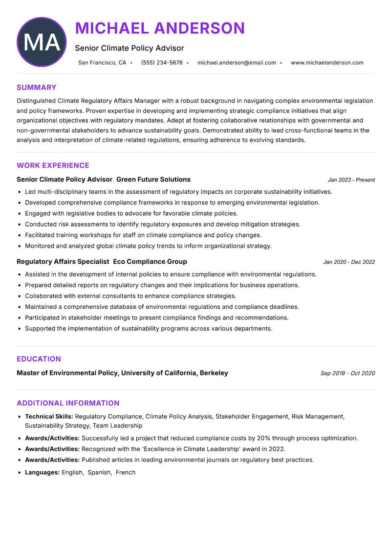 Climate Regulatory Affairs Manager resume example — ATS-friendly template