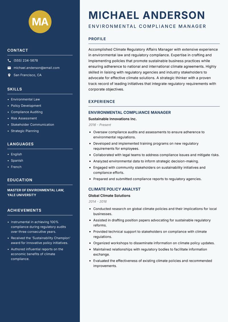 Climate Regulatory Affairs Manager resume template — Classic Clean