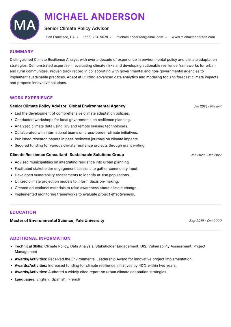 Climate Resilience Analyst resume example — ATS-friendly template