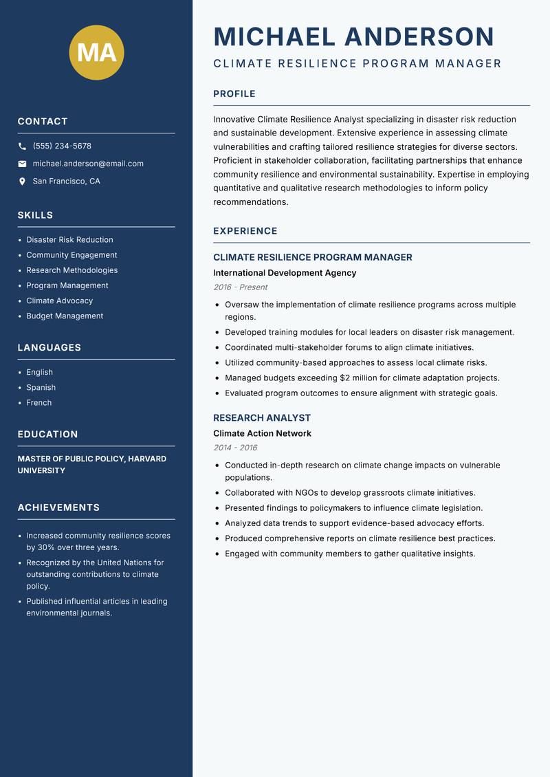 Climate Resilience Analyst resume template — Classic Clean