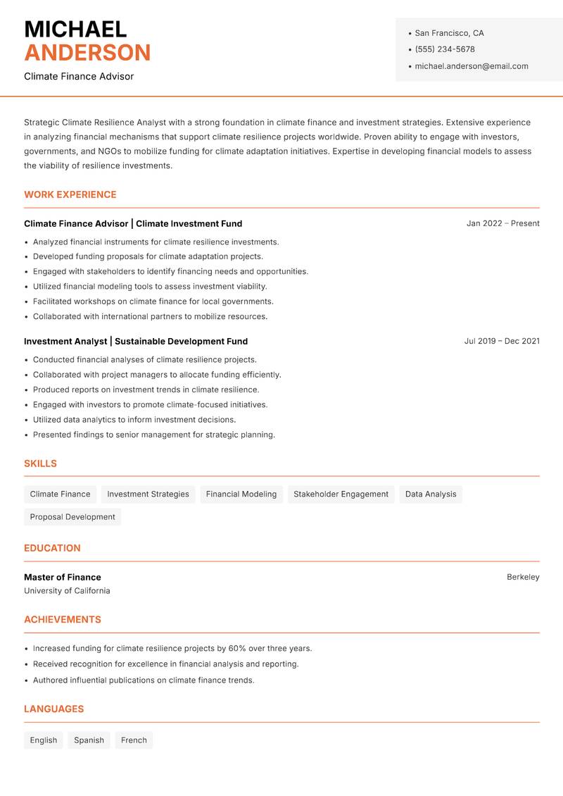 Climate Resilience Analyst resume template — Modern Professional