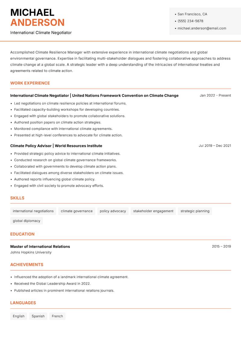 Climate Resilience Manager resume template — Modern Professional