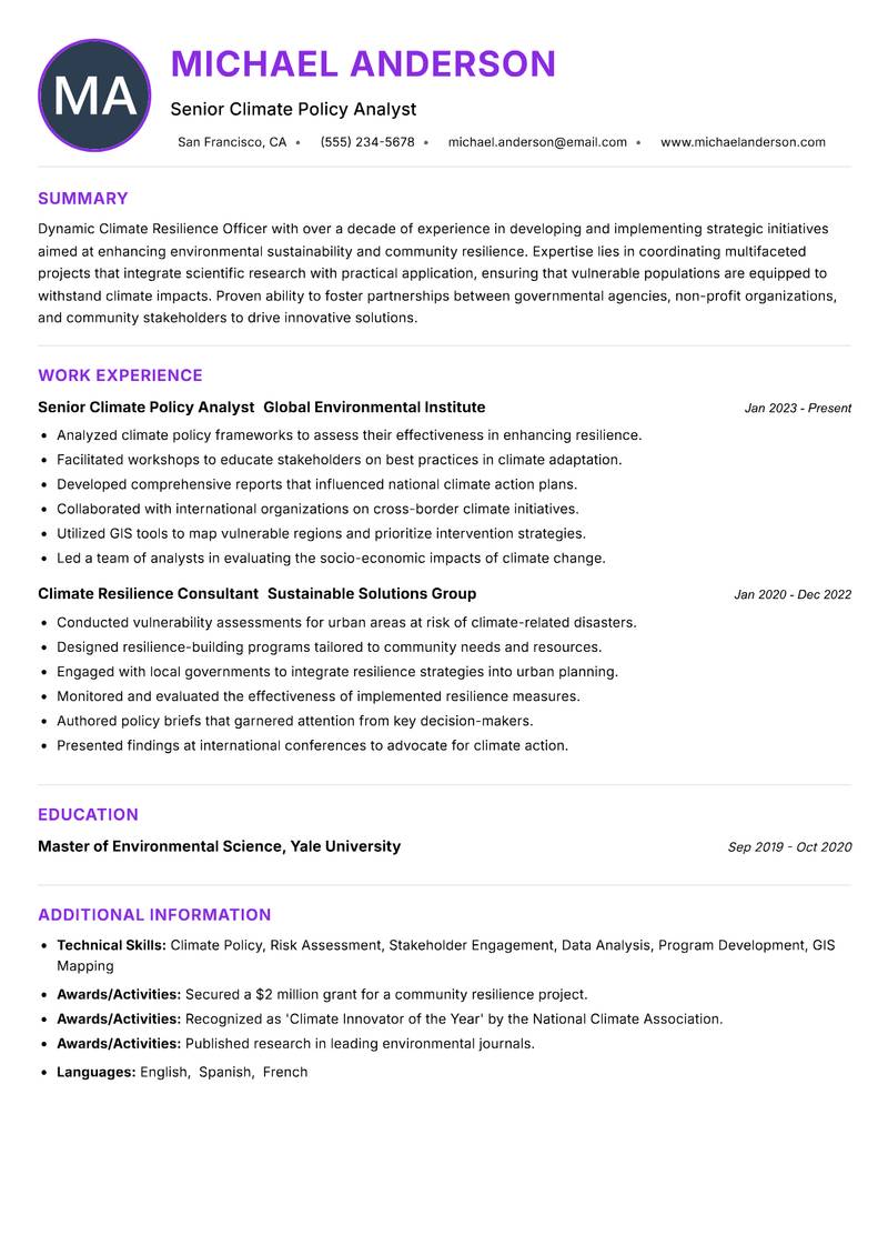 Climate Resilience Officer resume example — ATS-friendly template