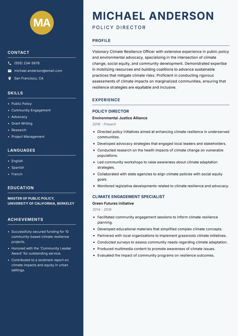 Climate Resilience Officer resume template — Classic Clean