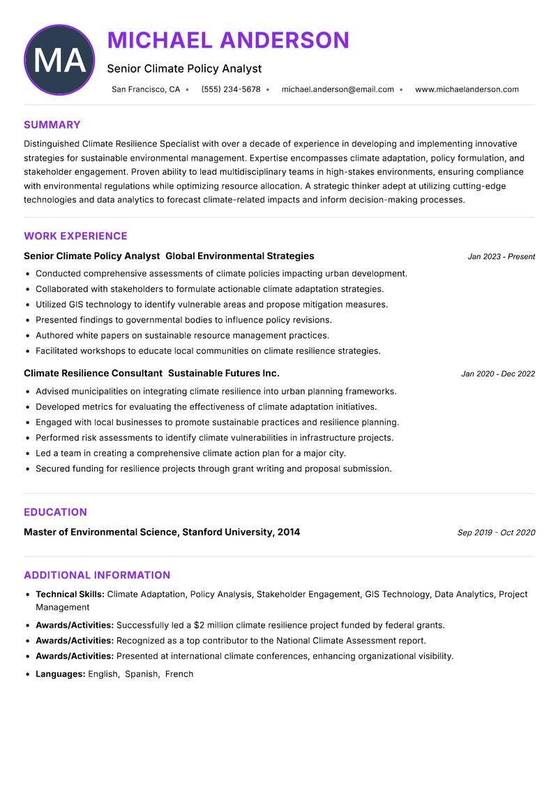 Climate Resilience Specialist resume example — ATS-friendly template