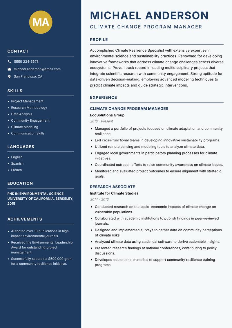 Climate Resilience Specialist resume template — Classic Clean