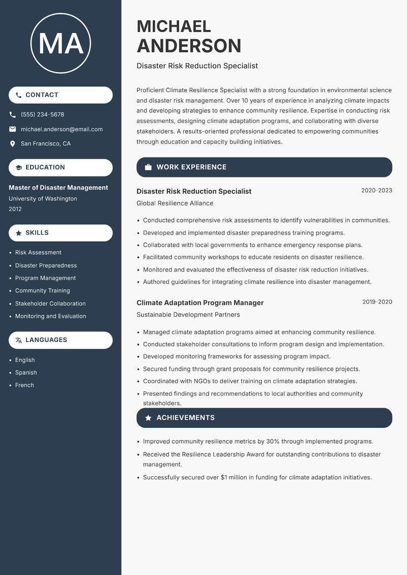 Climate Resilience Specialist resume template — Compact
