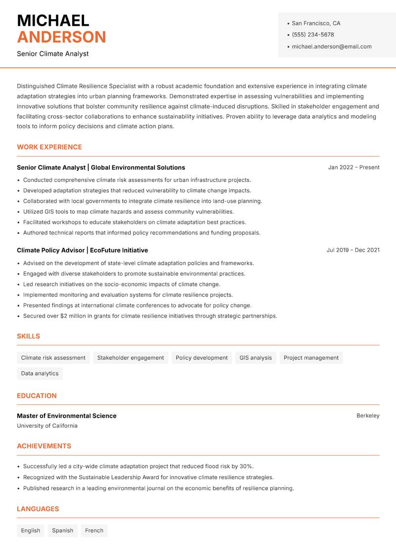 Climate Resilience Specialist resume template — Modern Professional