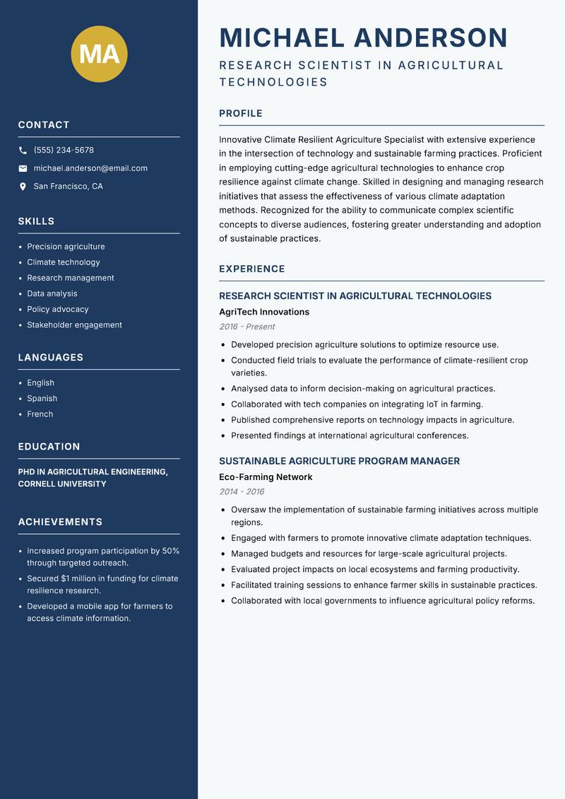 Climate Resilient Agriculture Specialist resume template — Classic Clean