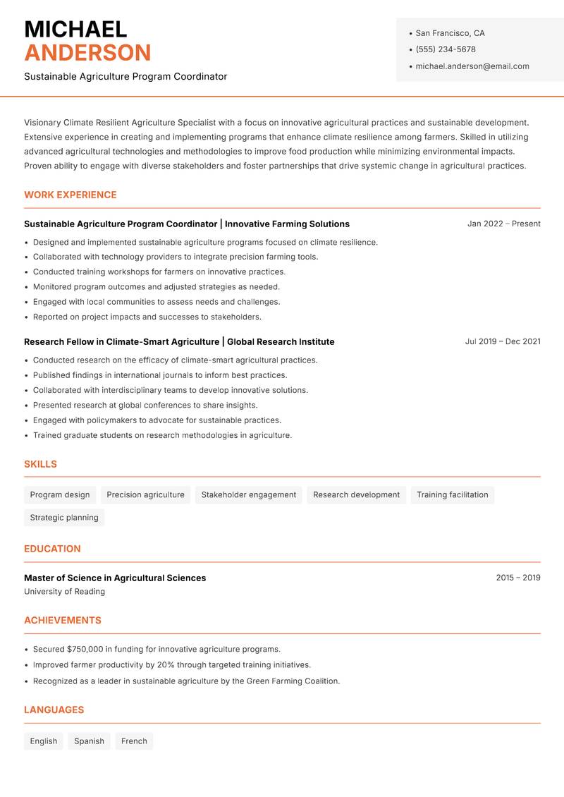 Climate Resilient Agriculture Specialist resume template — Modern Professional