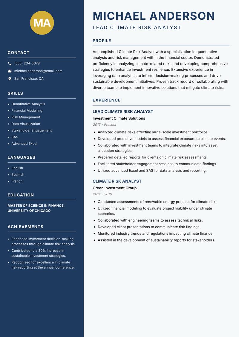 Climate Risk Analyst resume template — Classic Clean