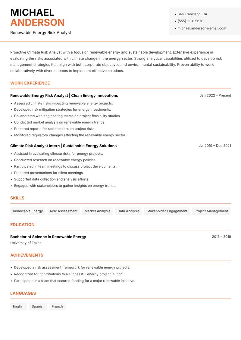 Climate Risk Analyst resume template — Modern Professional
