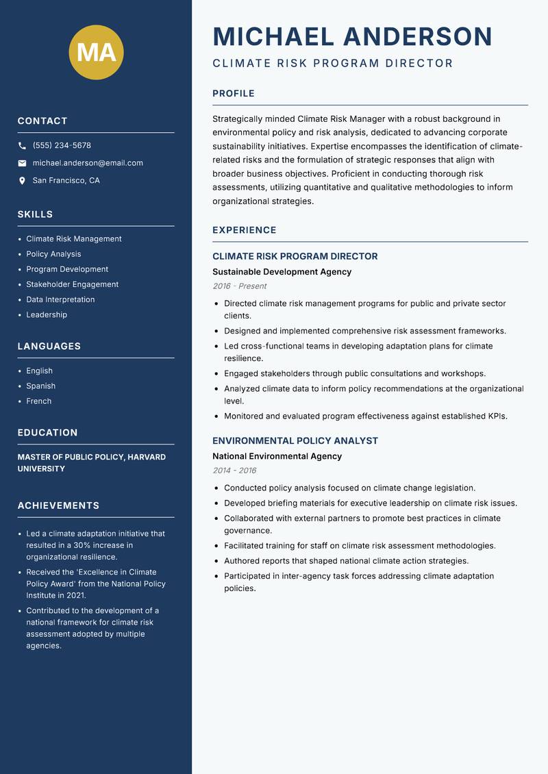 Climate Risk Manager resume template — Classic Clean