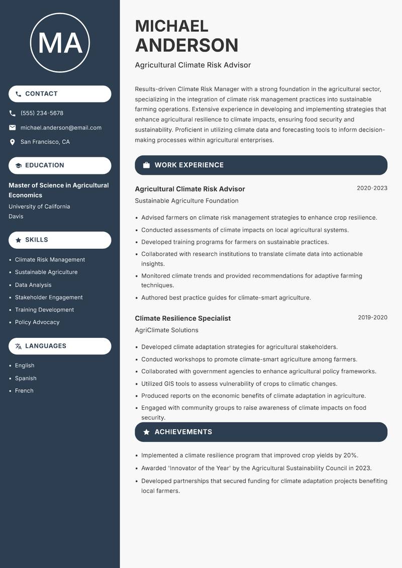 Climate Risk Manager resume template — Compact