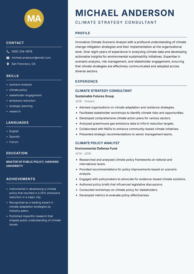 Climate Scenario Analyst resume template — Classic Clean