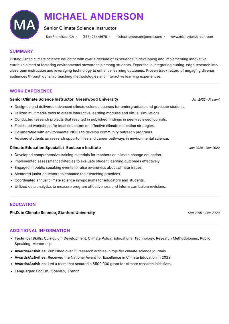 Climate Science Instructor resume example — ATS-friendly template