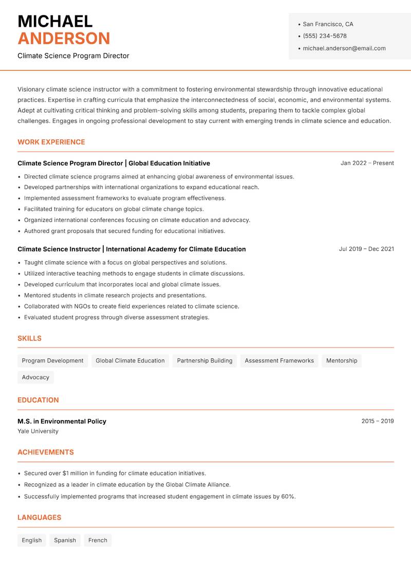 Climate Science Instructor resume template — Modern Professional