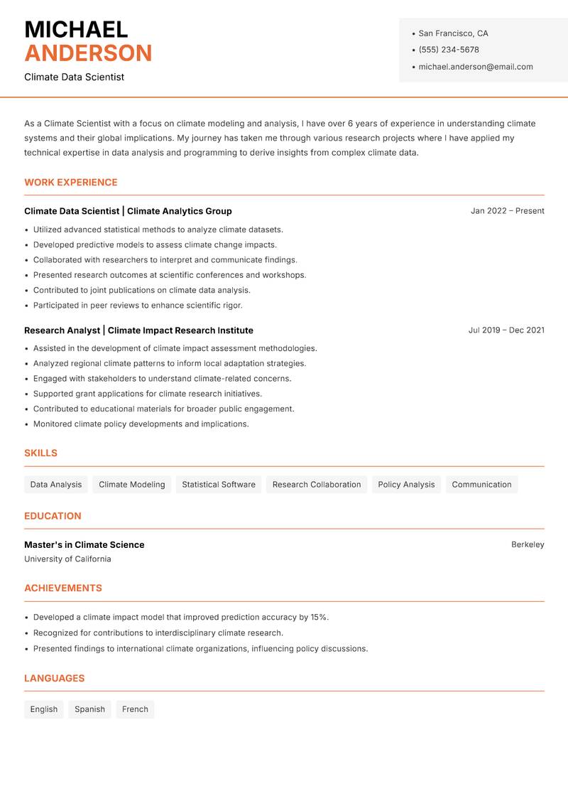 Climate Scientist resume template — Modern Professional