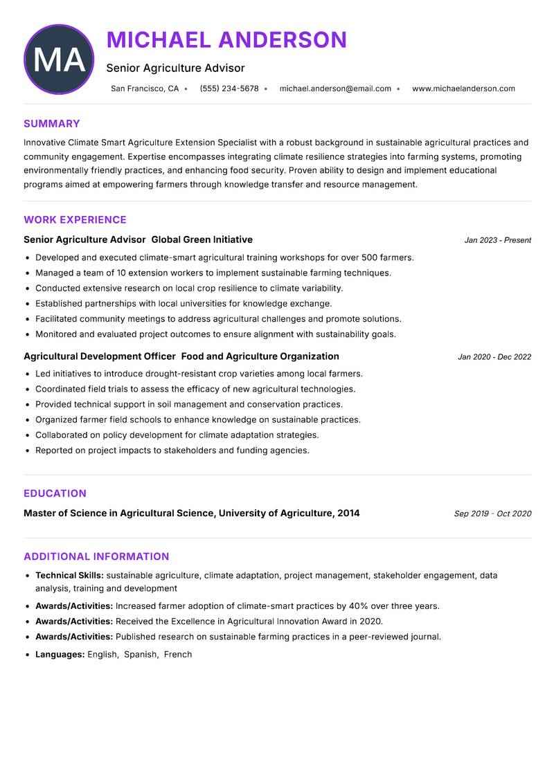 Climate Smart Agriculture Extension Specialist resume example — ATS-friendly template