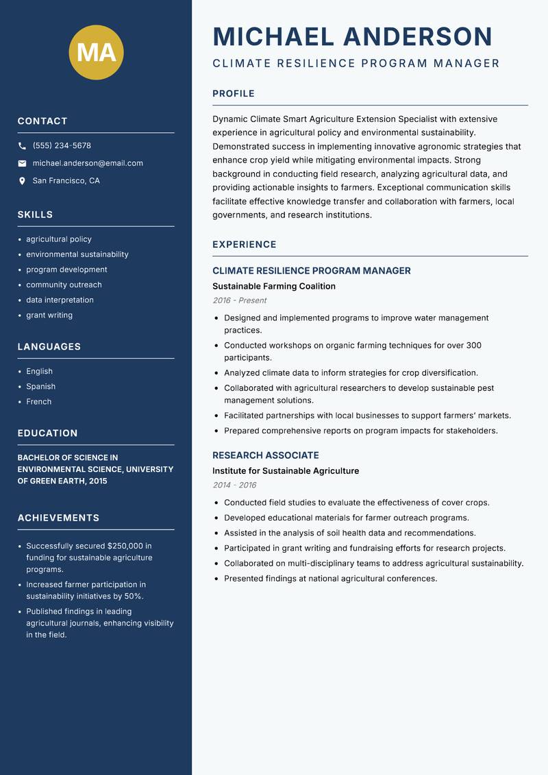 Climate Smart Agriculture Extension Specialist resume template — Classic Clean