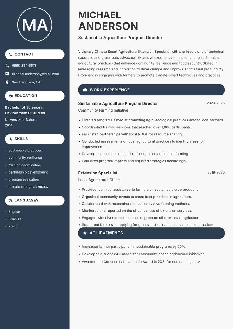 Climate Smart Agriculture Extension Specialist resume template — Compact