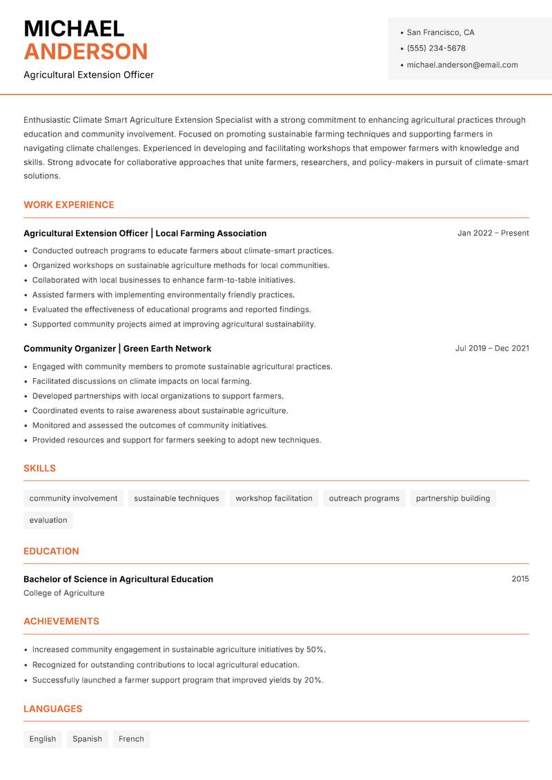 Climate Smart Agriculture Extension Specialist resume template — Modern Professional