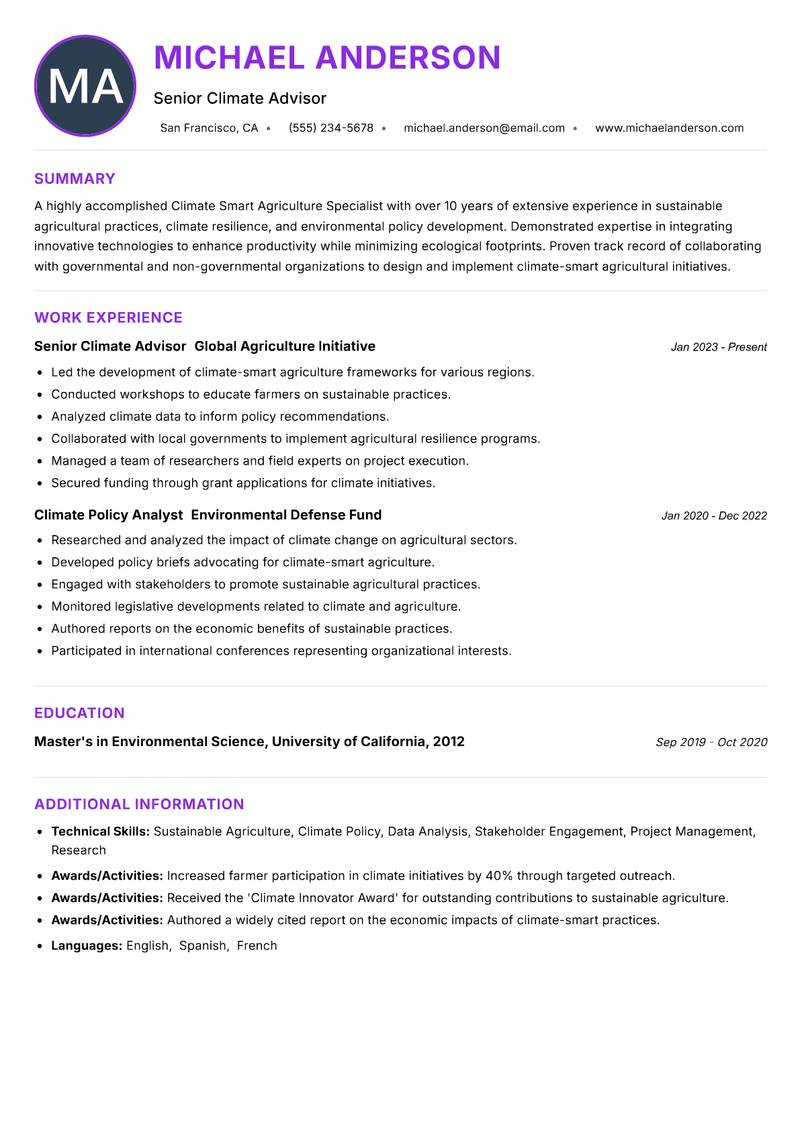 Climate Smart Agriculture Specialist resume example — ATS-friendly template