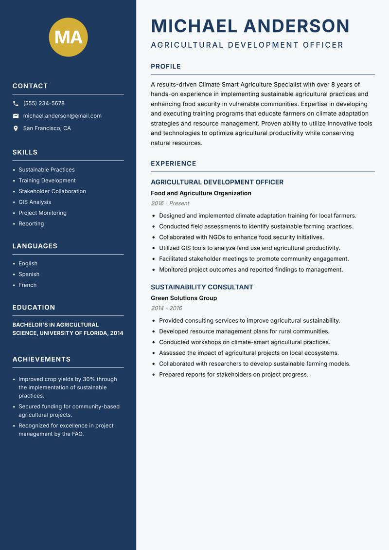 Climate Smart Agriculture Specialist resume template — Classic Clean