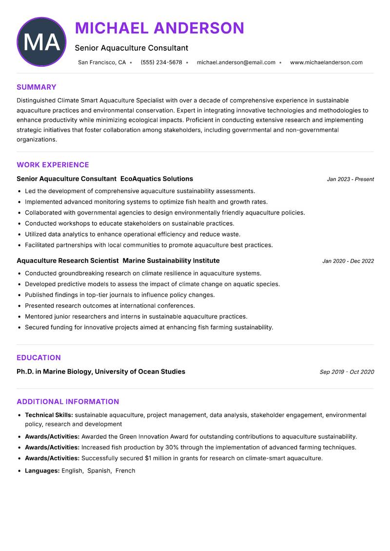 Climate Smart Aquaculture Specialist resume example — ATS-friendly template