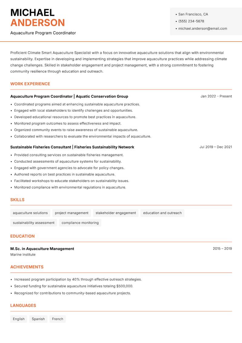 Climate Smart Aquaculture Specialist resume template — Modern Professional