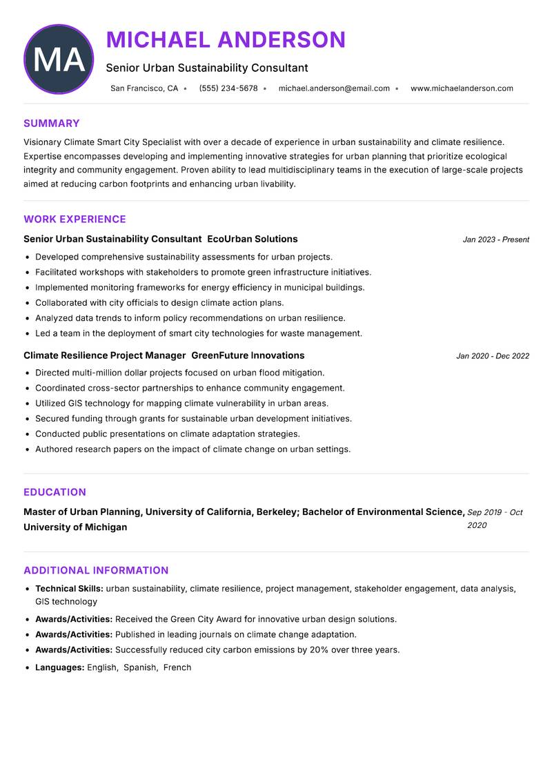Climate Smart City Specialist resume example — ATS-friendly template