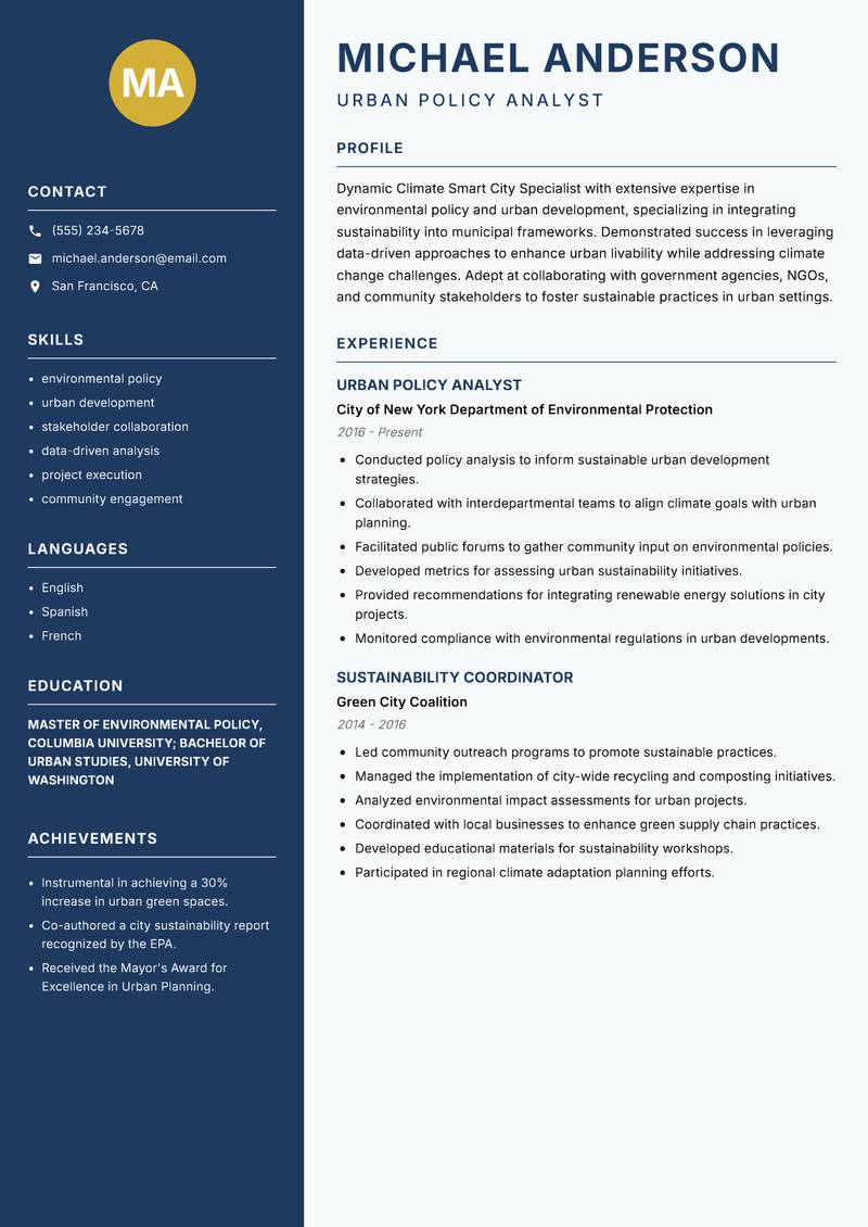 Climate Smart City Specialist resume template — Classic Clean