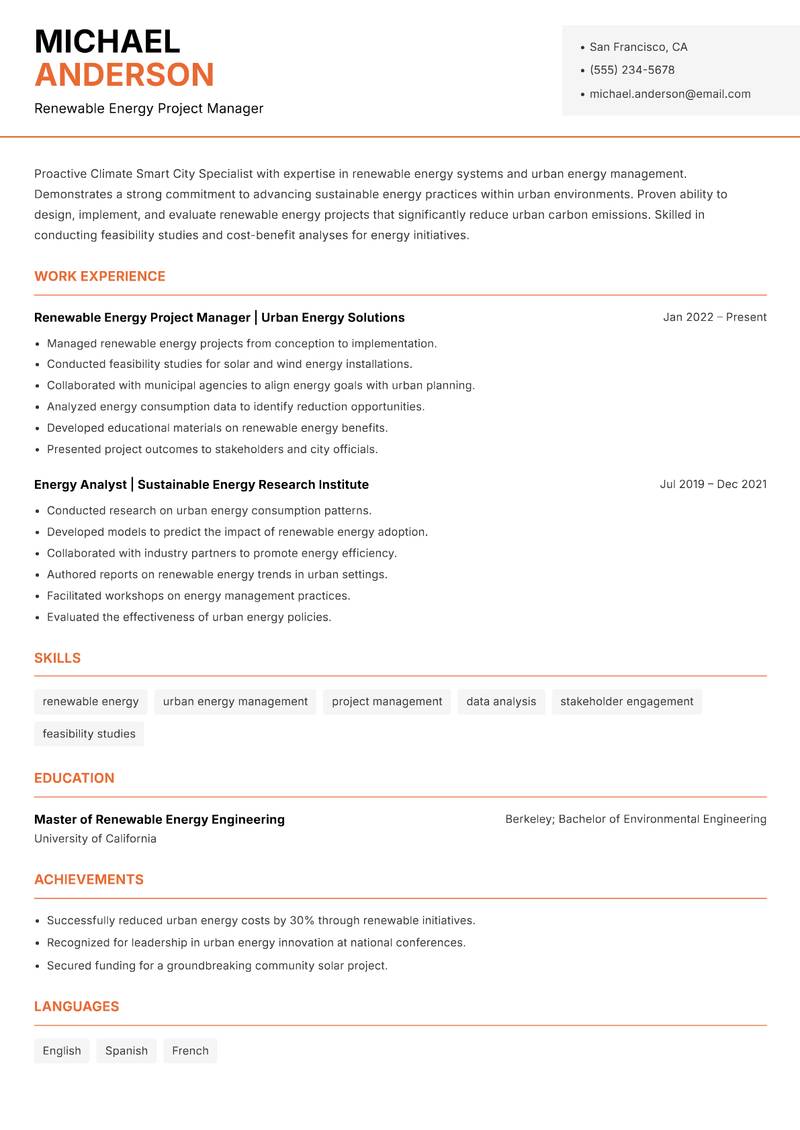 Climate Smart City Specialist resume template — Modern Professional