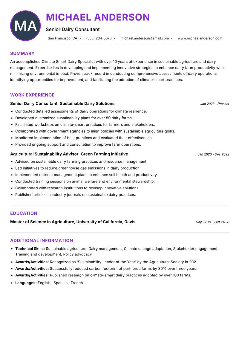 Climate Smart Dairy Specialist resume example — ATS-friendly template