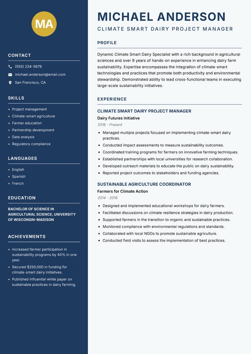 Climate Smart Dairy Specialist resume template — Classic Clean