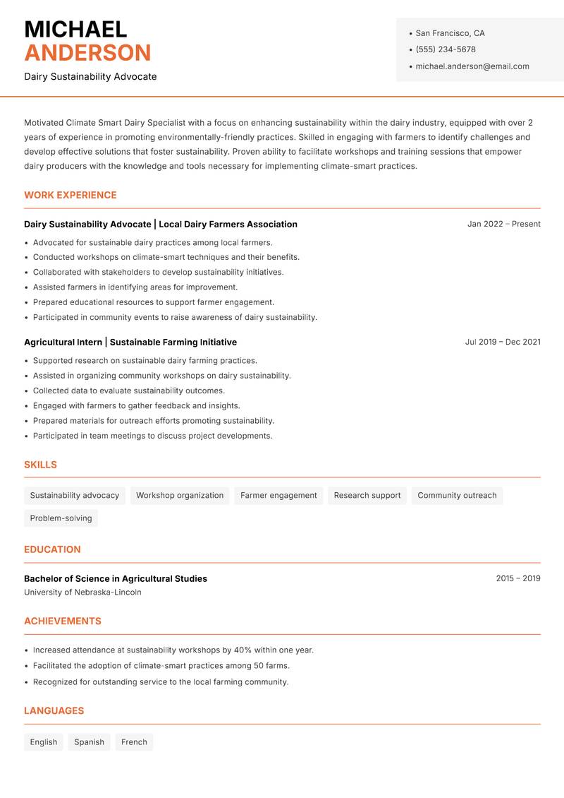 Climate Smart Dairy Specialist resume template — Modern Professional