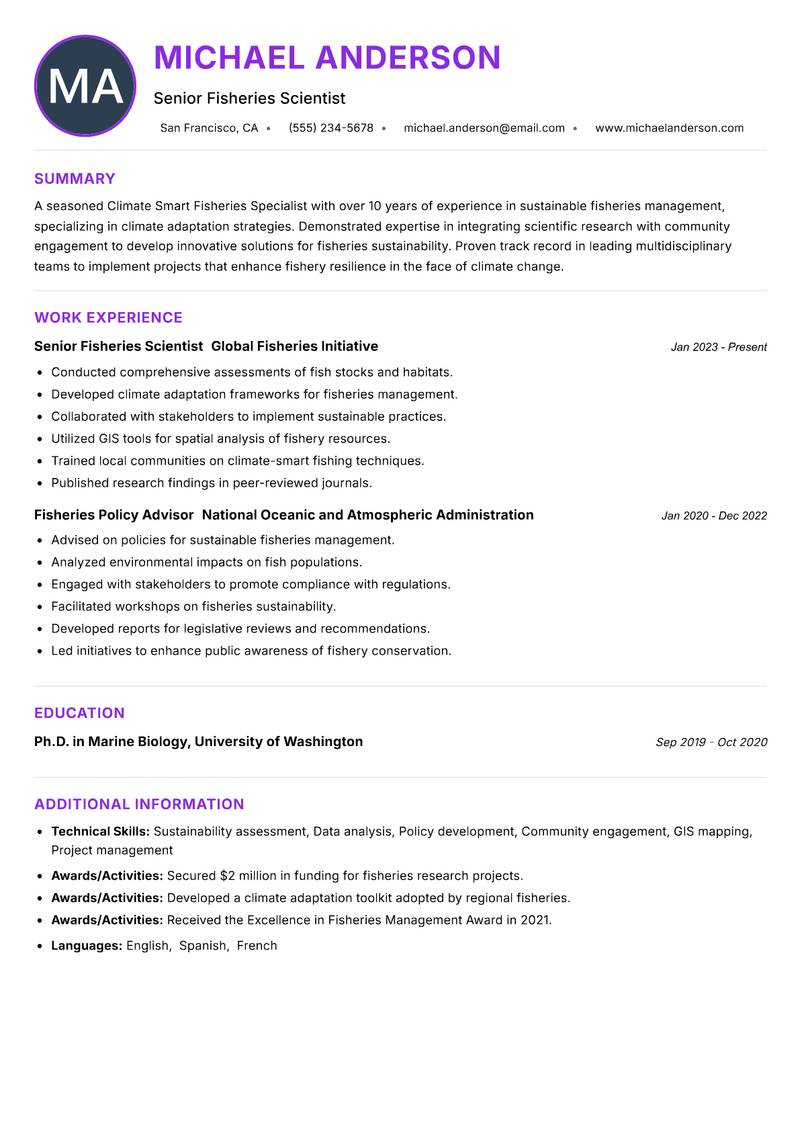 Climate Smart Fisheries Specialist resume example — ATS-friendly template