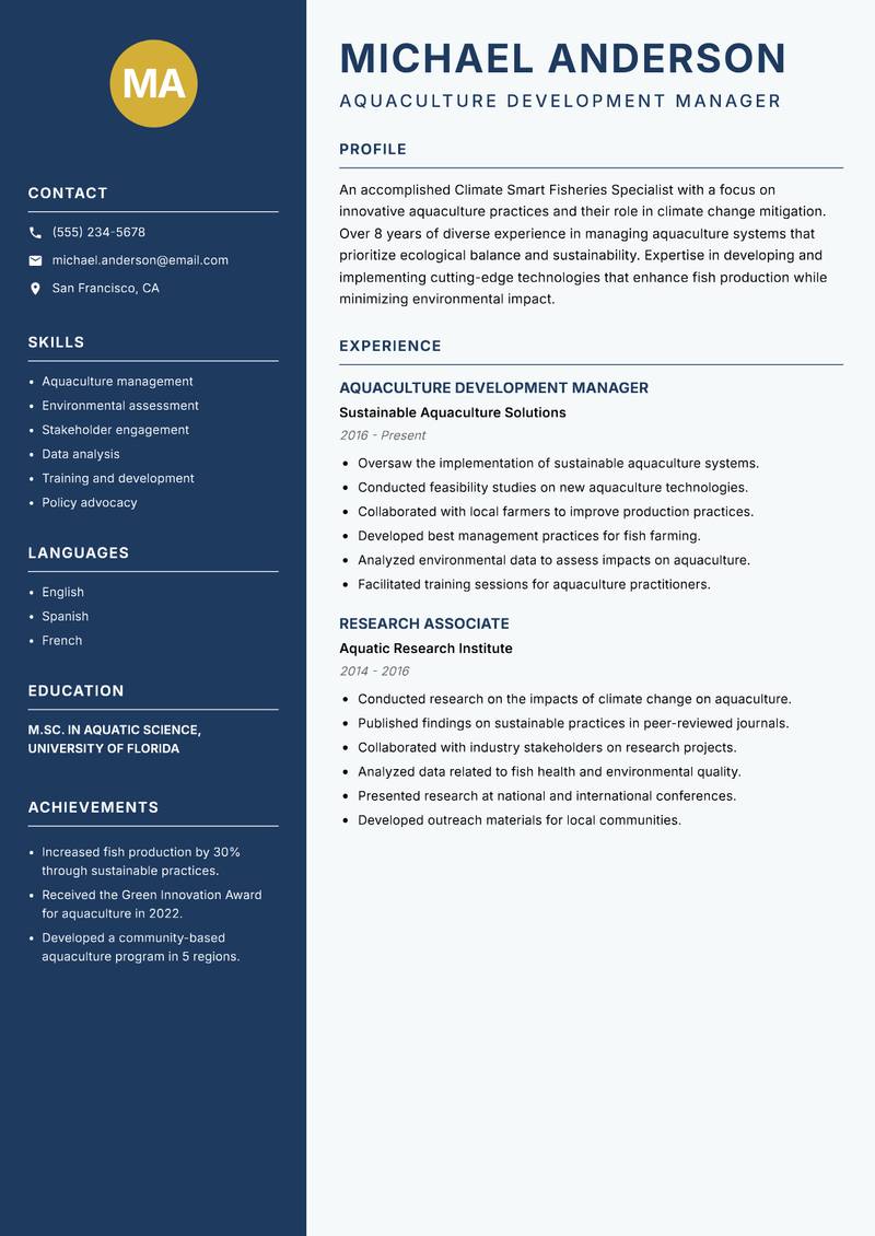 Climate Smart Fisheries Specialist resume template — Classic Clean