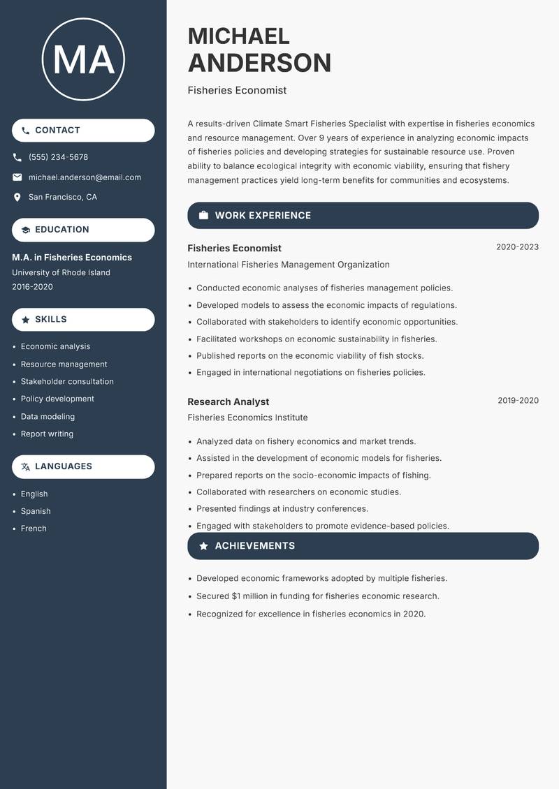 Climate Smart Fisheries Specialist resume template — Compact