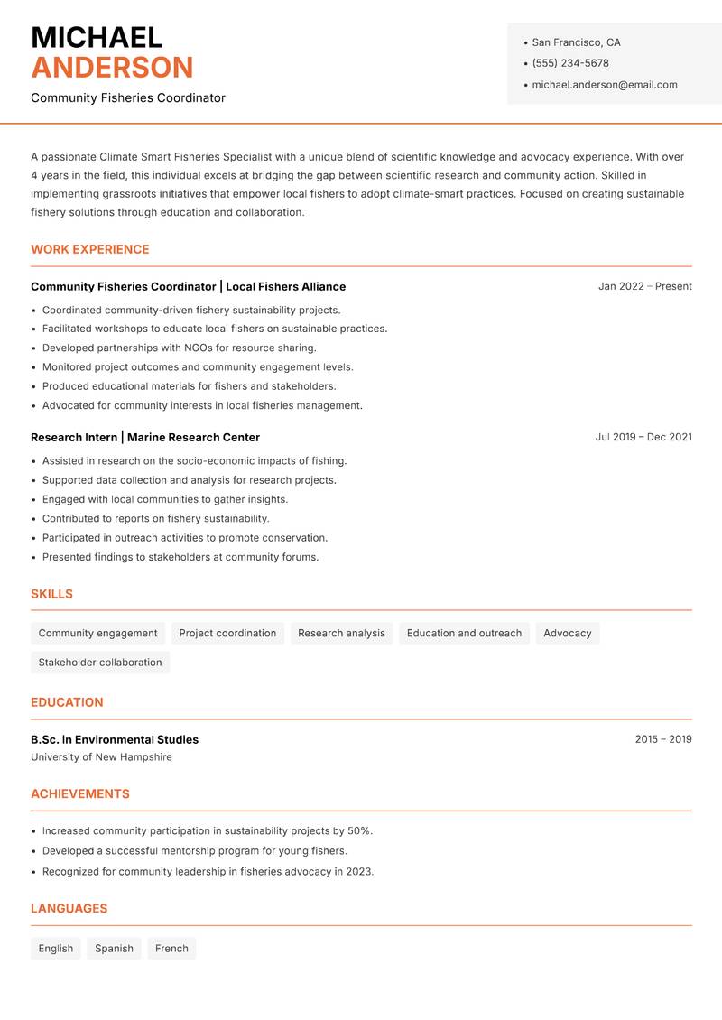 Climate Smart Fisheries Specialist resume template — Modern Professional